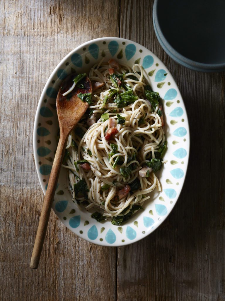 Gluten Free Brown Rice Spaghetti with Bitter Greens and Pancetta Recipe