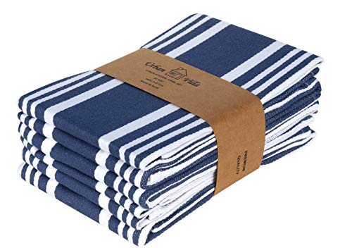 Urban Villa Kitchen Towels 100% Cotton Pack of 6, Highly Absorbent Quick Drying Super Soft Premium Dish Towels for Kitchen with Hanging Loop Hand & Tea Towels - 20x30 Inch, (Blue & White, Striped)