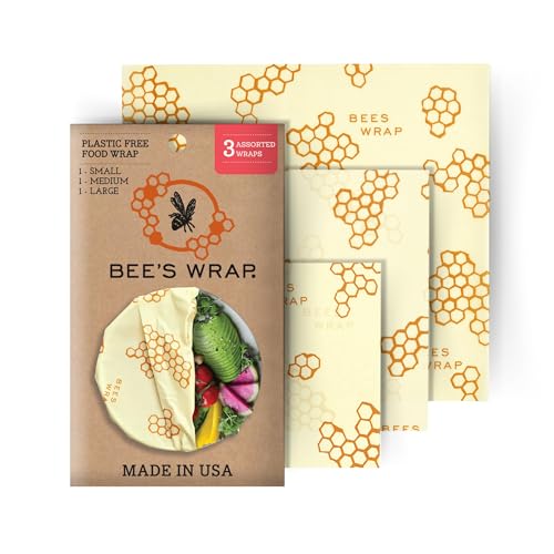 Bee's Wrap Reusable Beeswax Food Wraps Made in The USA, Eco Friendly Beeswax Wraps for Food, Sustainable Organic Cotton Wraps, Assorted 3 Pack (S, M, L), Honeycomb