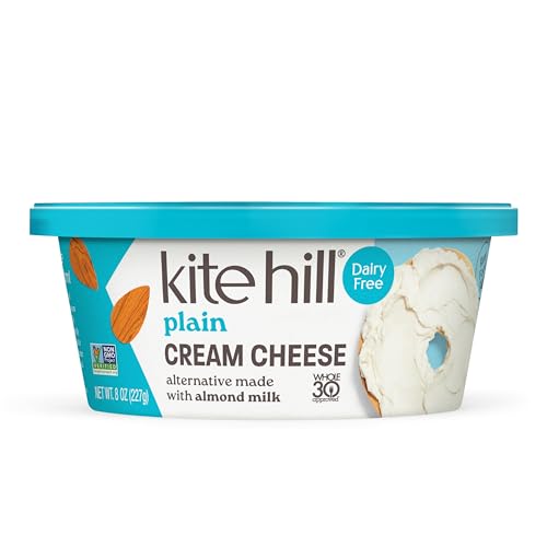 Kite Hill Plain Almond Milk Cream Cheese Style Spread, 8 Ounces, Dairy Free, Whole 30 Approved, Gluten Free, Non-GMO, Vegan