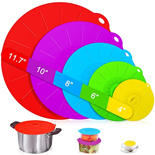 Guvvie Silicone lids - 5 Pack Heat Resistant Microwave Splatter Cover, Reusable silicone Suction lids for food storage Fits Bowls, Cups, Skillets, Plates, Pots, Pans StoveTop, Oven, Fridge Safe