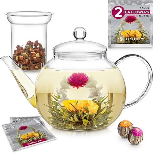 Teabloom Stovetop & Microwave Safe Glass Teapot (40 oz) with Removable Loose Tea Glass Infuser – Includes 2 Blooming Teas – 2-in-1 Tea Kettle and Tea Maker – Tea Purist's Choice