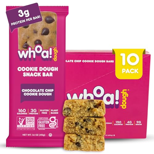 Whoa Dough Edible Cookie Dough Bars- Certified Non-GMO, Kosher and Gluten Free Bars - Healthy Snack Foods - Plant Based Snacks Made With Real Ingredients - Chocolate Chip Cookie Dough - 10 Pack