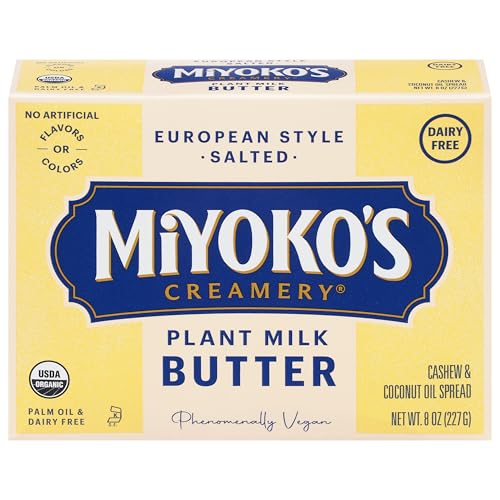 MIYOKO'S CREAMERY Organic Salted Vegan Butter, European Style Cultured Plant Milk Butter, 8 Ounce (Pack of 1)