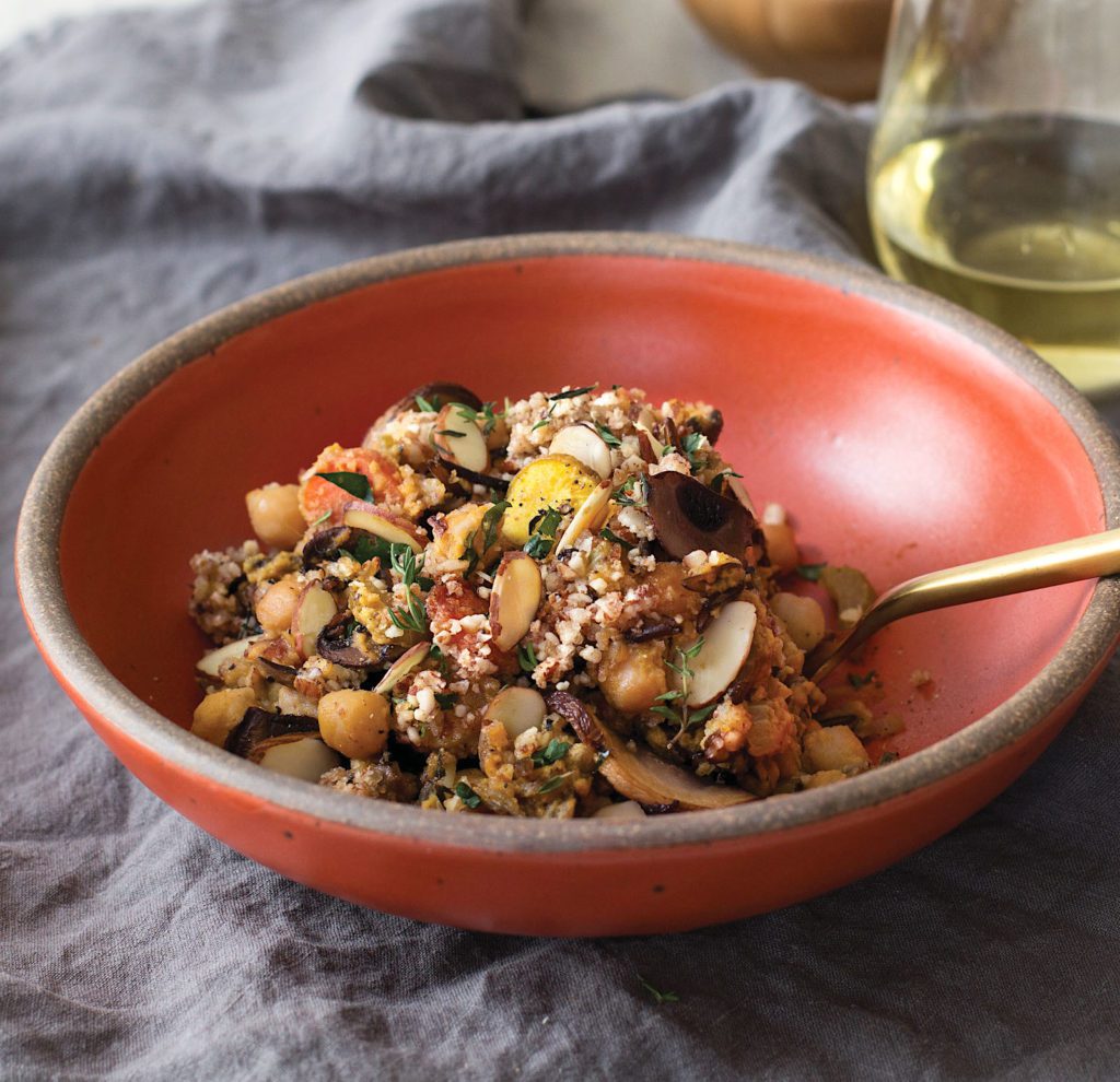Chickpea, Wild Rice, and Roasted Vegetable Casserole with Crunchy Almond Topping