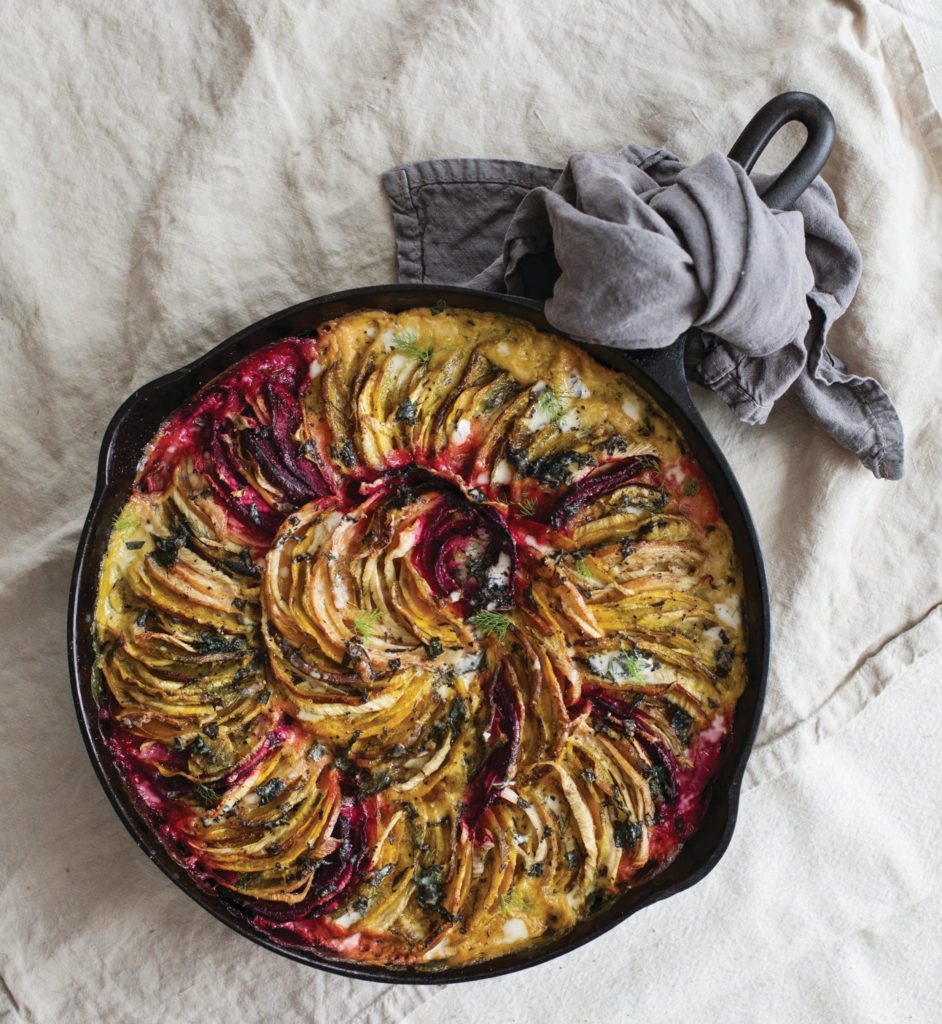 Beet and Fennel Gratin with Mint-Coconut Cream Sauce