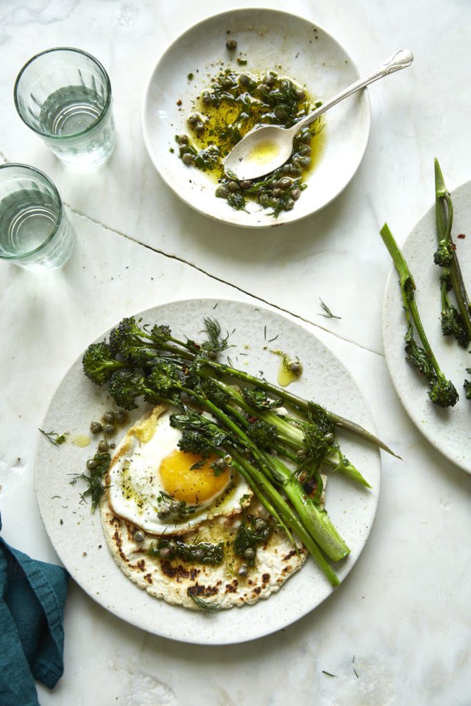 Broccolini and Fried Egg Tostadas with Caper Vinaigrette