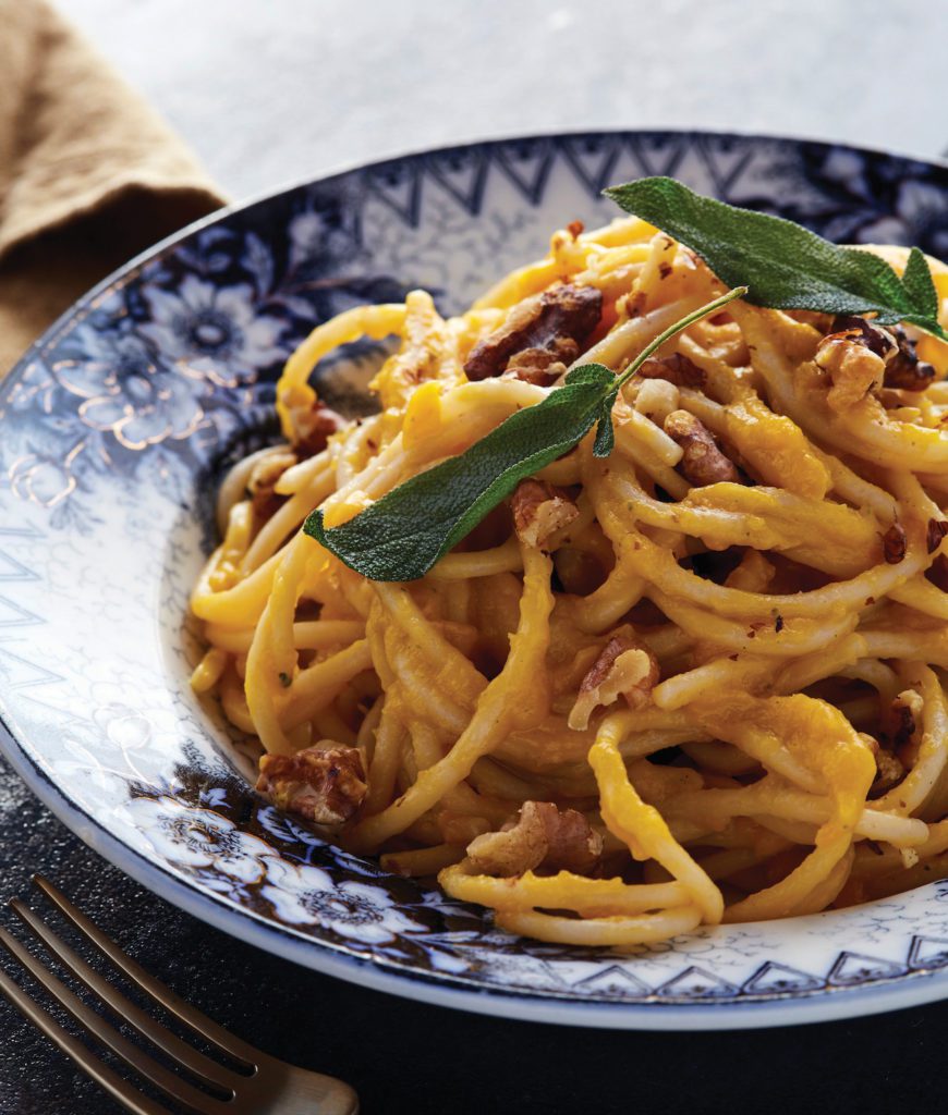 Creamy Butternut Squash Spaghetti with Fried Sage and Walnuts 