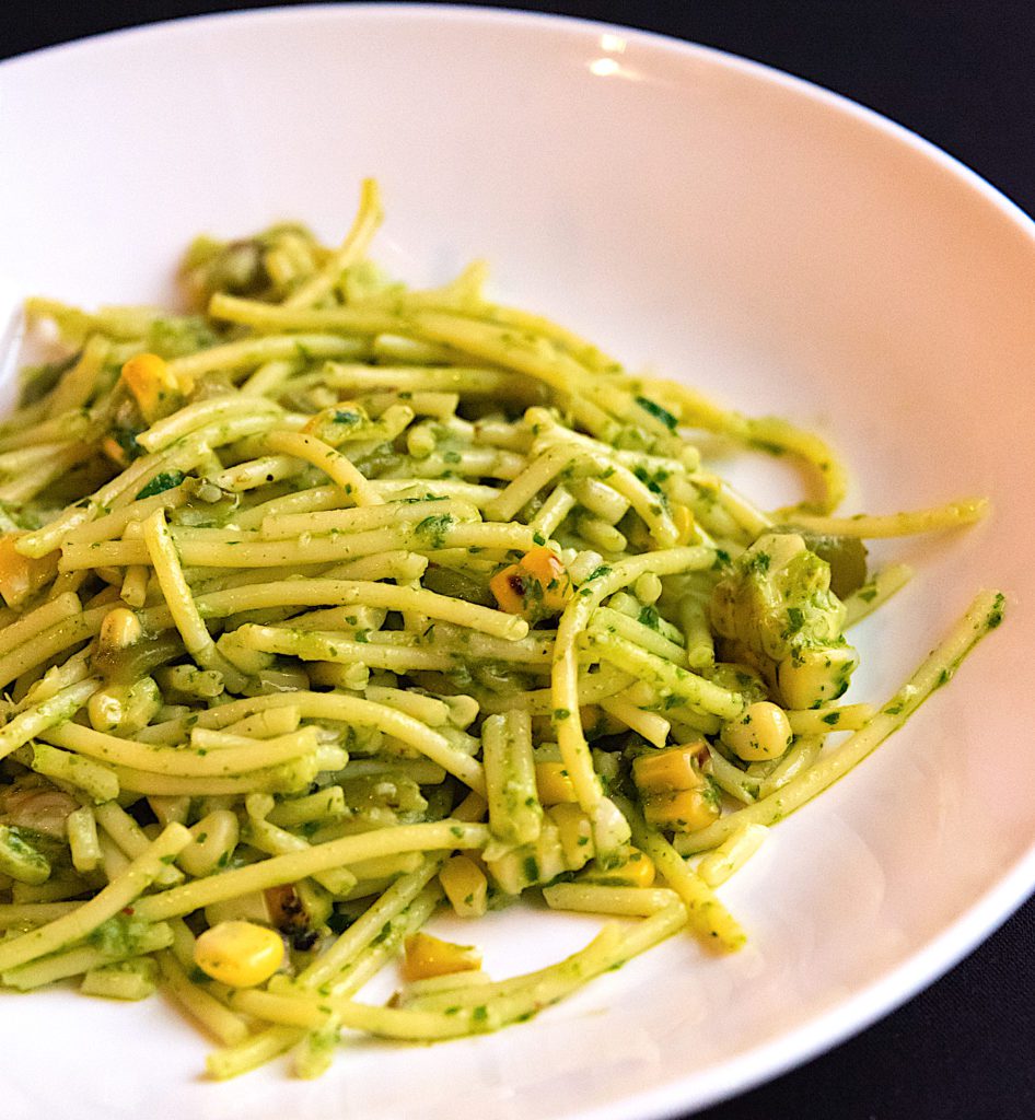 Split-Rail’s Gluten-Free Spaghetti with Arugula Pesto, Corn, and Anaheim Chili Pepper Recipe