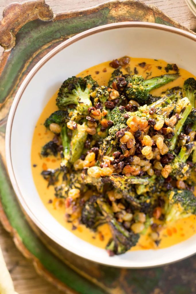 Grilled Broccoli with Fresh Turmeric Curry and Raisin Chutney