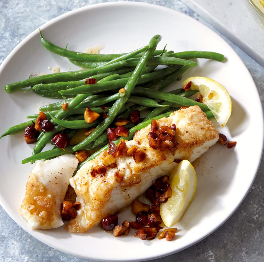 Gluten Free Pan-Seared Halibut with Brown Butter and Hazelnuts