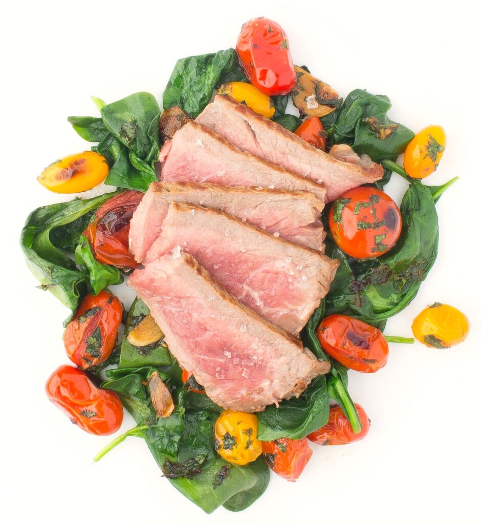 Seared Steak and Cherry Tomatoes with Wilted Spinach and Garlic Gluten-Free Recipe
