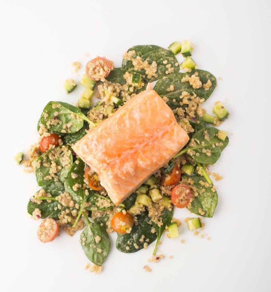 Gluten-Free Slow-Roasted Salmon with Quinoa Salad and Sunflower-Tamari Dressing