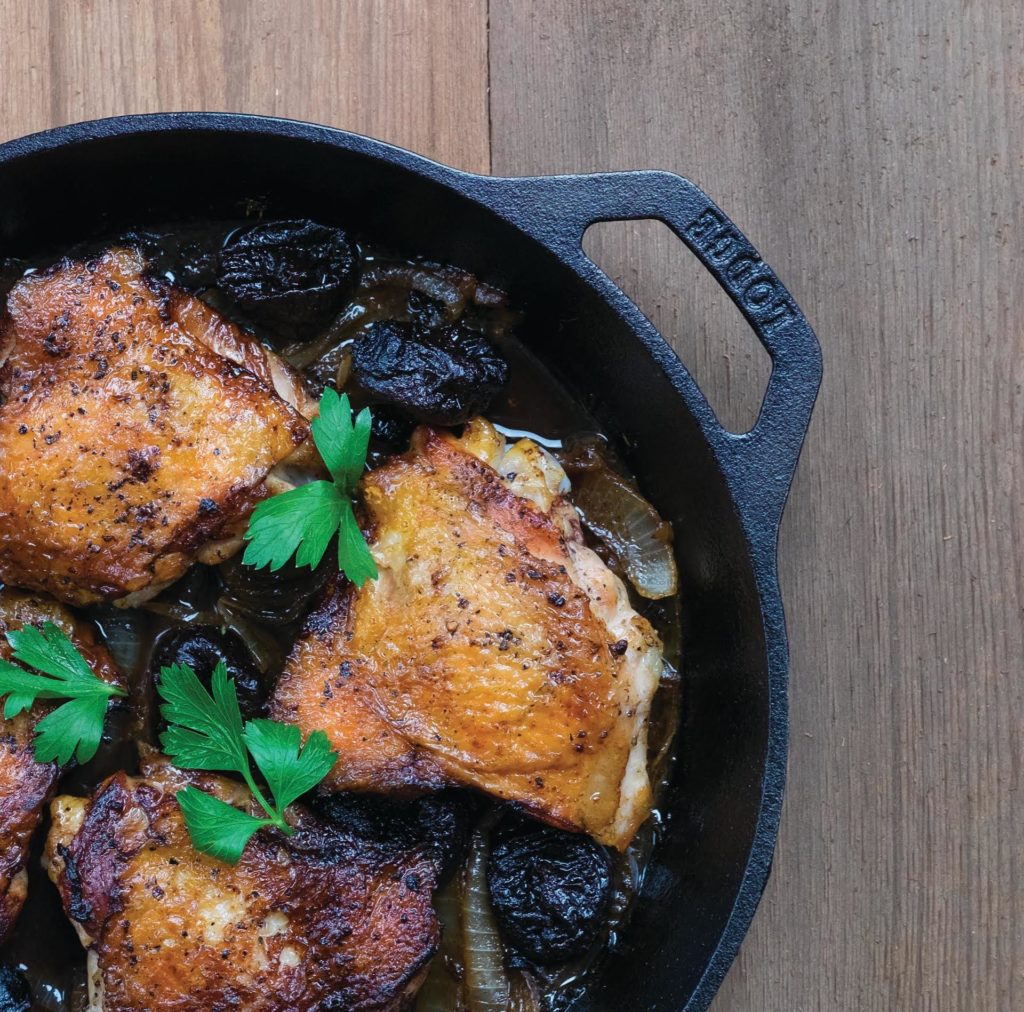 Sponsored Recipe: Gluten-Free, Dairy-Free Roasted Chicken Thighs with Onion, Thyme, and D'Noir Prunes